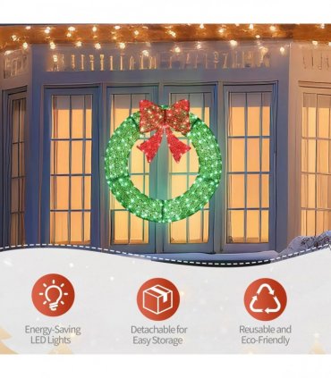 36in Pre-lit Outdoor Christmas Wreath Decoration, Lighted Metal Wreath with Red Bow, Remote Control LED Lights with Timer, for Front Door Gate Wall Indoor Outdoor Holiday Party