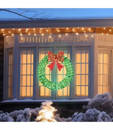 36in Pre-lit Outdoor Christmas Wreath Decoration, Lighted Metal Wreath with Red Bow, Remote Control LED Lights with Timer, for Front Door Gate Wall Indoor Outdoor Holiday Party