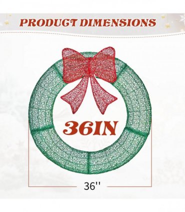 36in Pre-lit Outdoor Christmas Wreath Decoration, Lighted Metal Wreath with Red Bow, Remote Control LED Lights with Timer, for Front Door Gate Wall Indoor Outdoor Holiday Party