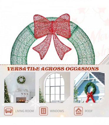 36in Pre-lit Outdoor Christmas Wreath Decoration, Lighted Metal Wreath with Red Bow, Remote Control LED Lights with Timer, for Front Door Gate Wall Indoor Outdoor Holiday Party