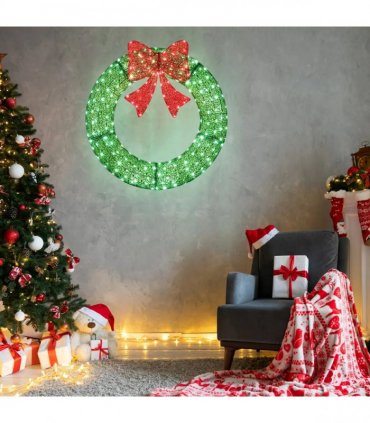 36in Pre-lit Outdoor Christmas Wreath Decoration, Lighted Metal Wreath with Red Bow, Remote Control LED Lights with Timer, for Front Door Gate Wall Indoor Outdoor Holiday Party