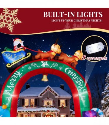 10FT Lighted Christmas Inflatable Archway, Inflatable Arch with Reindeer Pulling Santa's Sleigh, Blow Up Yard Decorations with Built-in LED Lights for Holiday Party Front Yard Lawn Garden Decor