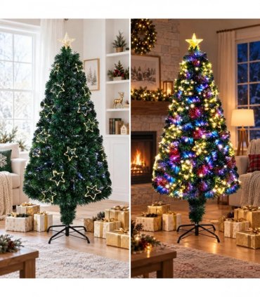 6 FT Pre-lit Fiber Optic Christmas Tree, Artificial Xmas Tree with Lighted Star Topper and Star Ornaments, Multicolor LEDs, Holiday Xmas Decoration Tree for Home Office Store Party, Green