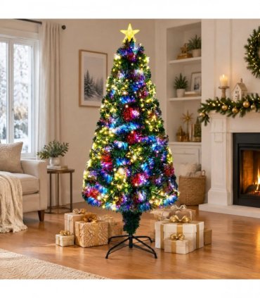 6 FT Pre-lit Fiber Optic Christmas Tree, Artificial Xmas Tree with Lighted Star Topper and Star Ornaments, Multicolor LEDs, Holiday Xmas Decoration Tree for Home Office Store Party, Green