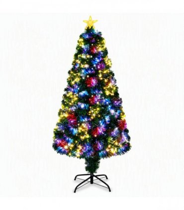 6 FT Pre-lit Fiber Optic Christmas Tree, Artificial Xmas Tree with Lighted Star Topper and Star Ornaments, Multicolor LEDs, Holiday Xmas Decoration Tree for Home Office Store Party, Green