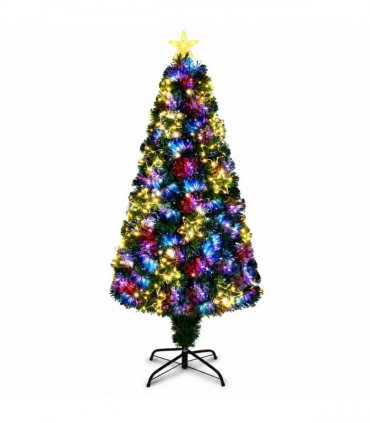 6 FT Pre-lit Fiber Optic Christmas Tree, Artificial Xmas Tree with Lighted Star Topper and Star Ornaments, Multicolor LEDs, Holiday Xmas Decoration Tree for Home Office Store Party, Green