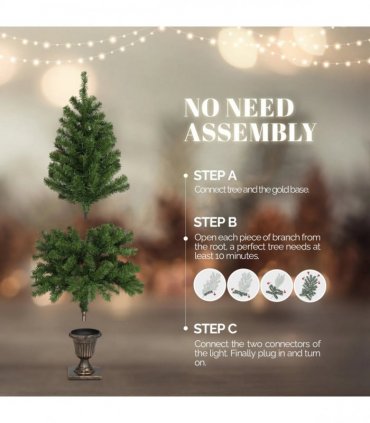 4 FT Pre-lit Artificial Christmas Tree with Trophy Shaped Base, Potted Xmas Tree with 120 Warm Lights, 211 Branch Tips and Remote Control for Holiday Party Office Home, Green