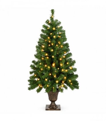 4 FT Pre-lit Artificial Christmas Tree with Trophy Shaped Base, Potted Xmas Tree with 120 Warm Lights, 211 Branch Tips and Remote Control for Holiday Party Office Home, Green
