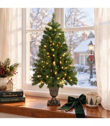 4 FT Pre-lit Artificial Christmas Tree with Trophy Shaped Base, Potted Xmas Tree with 120 Warm Lights, 211 Branch Tips and Remote Control for Holiday Party Office Home, Green