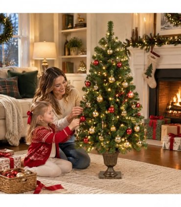 4 FT Pre-lit Artificial Christmas Tree with Trophy Shaped Base, Potted Xmas Tree with 120 Warm Lights, 211 Branch Tips and Remote Control for Holiday Party Office Home, Green