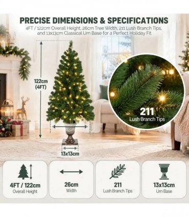 4 FT Pre-lit Artificial Christmas Tree with Trophy Shaped Base, Potted Xmas Tree with 120 Warm Lights, 211 Branch Tips and Remote Control for Holiday Party Office Home, Green