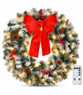 36in Pre-lit Snow Flocked Christmas Wreath, Lighted Artificial Xmas Wreath with 100 Warm Lights and 300 PVC Tips and Bow Red Berries Pine Cones, for Front Door Gate Wall Xmas Party Decorations