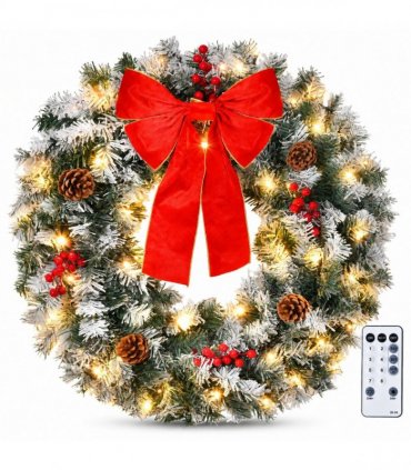 36in Pre-lit Snow Flocked Christmas Wreath, Lighted Artificial Xmas Wreath with 100 Warm Lights and 300 PVC Tips and Bow Red Berries Pine Cones, for Front Door Gate Wall Xmas Party Decorations