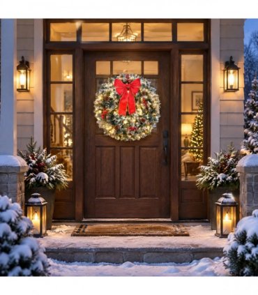 36in Pre-lit Snow Flocked Christmas Wreath, Lighted Artificial Xmas Wreath with 100 Warm Lights and 300 PVC Tips and Bow Red Berries Pine Cones, for Front Door Gate Wall Xmas Party Decorations