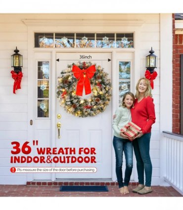 36in Pre-lit Snow Flocked Christmas Wreath, Lighted Artificial Xmas Wreath with 100 Warm Lights and 300 PVC Tips and Bow Red Berries Pine Cones, for Front Door Gate Wall Xmas Party Decorations