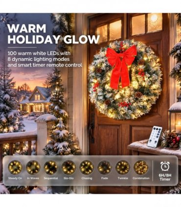 36in Pre-lit Snow Flocked Christmas Wreath, Lighted Artificial Xmas Wreath with 100 Warm Lights and 300 PVC Tips and Bow Red Berries Pine Cones, for Front Door Gate Wall Xmas Party Decorations