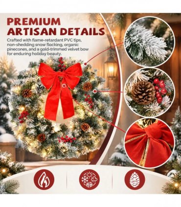 36in Pre-lit Snow Flocked Christmas Wreath, Lighted Artificial Xmas Wreath with 100 Warm Lights and 300 PVC Tips and Bow Red Berries Pine Cones, for Front Door Gate Wall Xmas Party Decorations