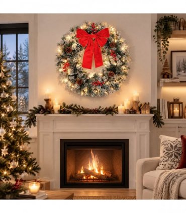 36in Pre-lit Snow Flocked Christmas Wreath, Lighted Artificial Xmas Wreath with 100 Warm Lights and 300 PVC Tips and Bow Red Berries Pine Cones, for Front Door Gate Wall Xmas Party Decorations