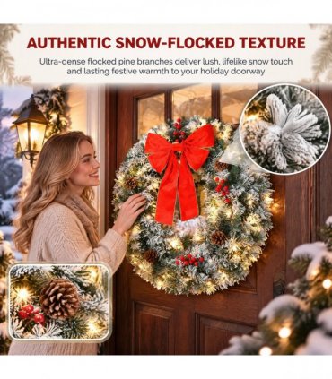 36in Pre-lit Snow Flocked Christmas Wreath, Lighted Artificial Xmas Wreath with 100 Warm Lights and 300 PVC Tips and Bow Red Berries Pine Cones, for Front Door Gate Wall Xmas Party Decorations