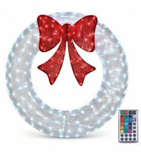 48in Pre-Lit Outdoor Christmas Wreath Decoration, LED Metal Holiday Decor for Home Exterior, Garden w/ 224 Lights, Bow - White/Red