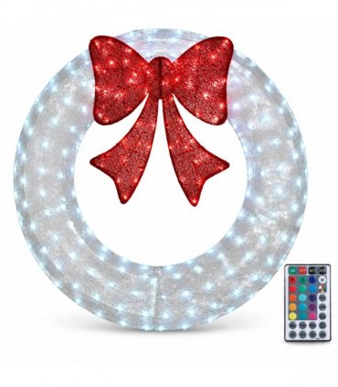 48in Pre-Lit Outdoor Christmas Wreath Decoration, LED Metal Holiday Decor for Home Exterior, Garden w/ 224 Lights, Bow - White/Red