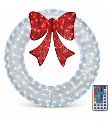 48in Pre-Lit Outdoor Christmas Wreath Decoration, LED Metal Holiday Decor for Home Exterior, Garden w/ 224 Lights, Bow - White/Red