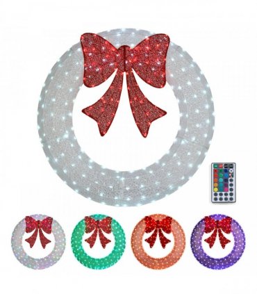 48in Pre-Lit Outdoor Christmas Wreath Decoration, LED Metal Holiday Decor for Home Exterior, Garden w/ 224 Lights, Bow - White/Red