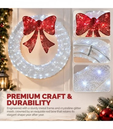 48in Pre-Lit Outdoor Christmas Wreath Decoration, LED Metal Holiday Decor for Home Exterior, Garden w/ 224 Lights, Bow - White/Red