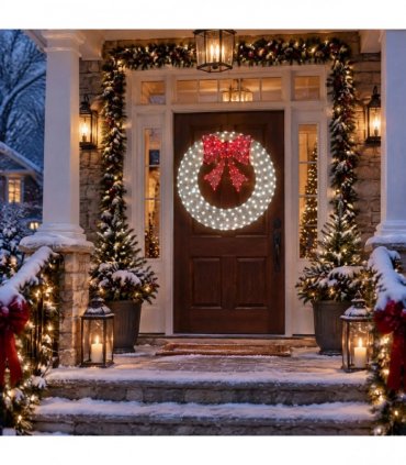 48in Pre-Lit Outdoor Christmas Wreath Decoration, LED Metal Holiday Decor for Home Exterior, Garden w/ 224 Lights, Bow - White/Red