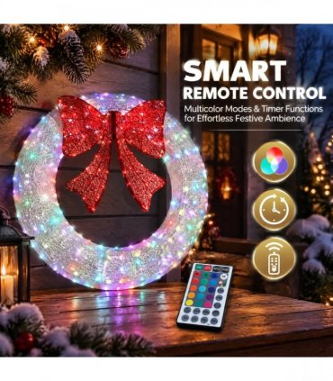 48in Pre-Lit Outdoor Christmas Wreath Decoration, LED Metal Holiday Decor for Home Exterior, Garden w/ 224 Lights, Bow - White/Red