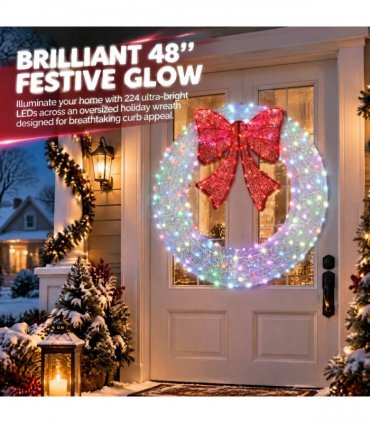 48in Pre-Lit Outdoor Christmas Wreath Decoration, LED Metal Holiday Decor for Home Exterior, Garden w/ 224 Lights, Bow - White/Red