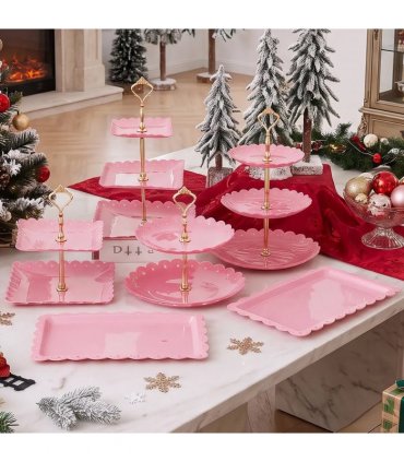 6pcs Cake Stand Afternoon Tea Wedding Plates Party Embossed Tableware Holder-Pink