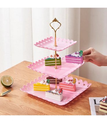 6pcs Cake Stand Afternoon Tea Wedding Plates Party Embossed Tableware Holder-Pink