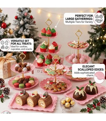 6pcs Cake Stand Afternoon Tea Wedding Plates Party Embossed Tableware Holder-Pink