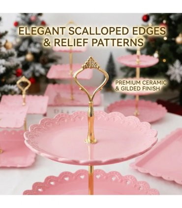 6pcs Cake Stand Afternoon Tea Wedding Plates Party Embossed Tableware Holder-Pink