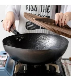 32CM Household Pure Iron Wok Non Coated Cast Iron Pan for Gas Induction Cookers~