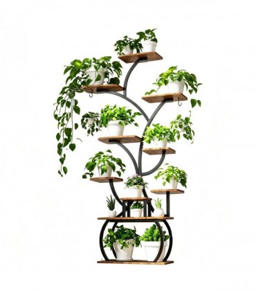 Tree-shaped Plant Stand with 4 Grow Lights, Black Iron Tube & Weathered Wood MDF, With Wheels, 63.6"*31.1"*10.2" Iron Wood Plant Rack Black
