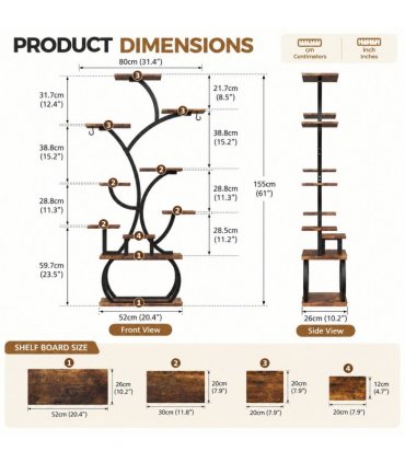 Tree-shaped Plant Stand with 4 Grow Lights, Black Iron Tube & Weathered Wood MDF, With Wheels, 63.6"*31.1"*10.2" Iron Wood Plant Rack Black