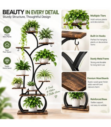 Tree-shaped Plant Stand with 4 Grow Lights, Black Iron Tube & Weathered Wood MDF, With Wheels, 63.6"*31.1"*10.2" Iron Wood Plant Rack Black