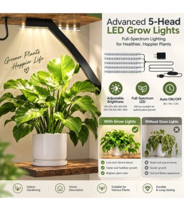 Tree-shaped Plant Stand with 4 Grow Lights, Black Iron Tube & Weathered Wood MDF, With Wheels, 63.6"*31.1"*10.2" Iron Wood Plant Rack Black