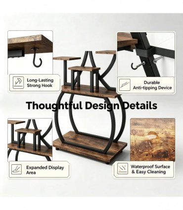 Tree-shaped Plant Stand with 4 Grow Lights, Black Iron Tube & Weathered Wood MDF, With Wheels, 63.6"*31.1"*10.2" Iron Wood Plant Rack Black