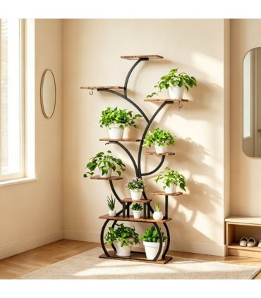 Tree-shaped Plant Stand with 4 Grow Lights, Black Iron Tube & Weathered Wood MDF, With Wheels, 63.6"*31.1"*10.2" Iron Wood Plant Rack Black