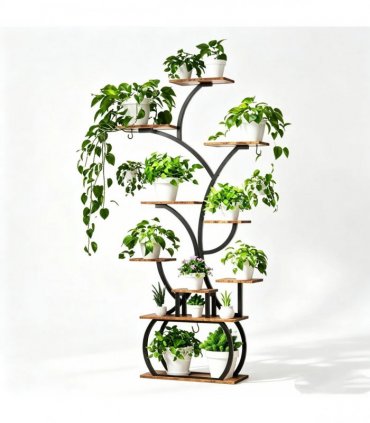 Tree-shaped Plant Stand with 4 Grow Lights, Black Iron Tube & Weathered Wood MDF, With Wheels, 63.6"*31.1"*10.2" Iron Wood Plant Rack Black