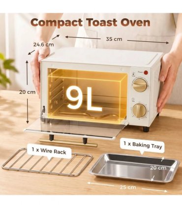 HOMCOM Mini Oven, 9L Countertop Electric Grill, Toaster Oven with Adjustable Temperature and Timer, 750W, White