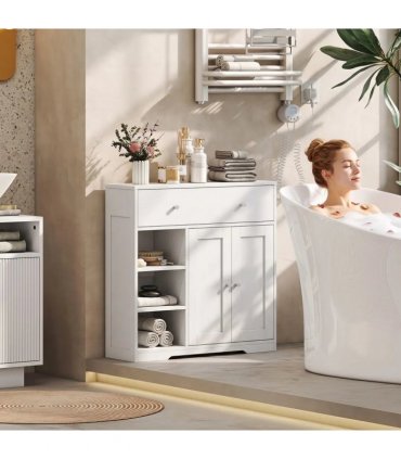 HOMCOM Bathroom Floor Cabinet, Freestanding Bathroom Cabinet with Drawer, Door, Open Shelves, White