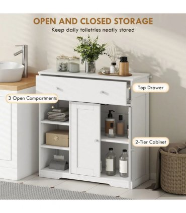 HOMCOM Bathroom Floor Cabinet, Freestanding Bathroom Cabinet with Drawer, Door, Open Shelves, White