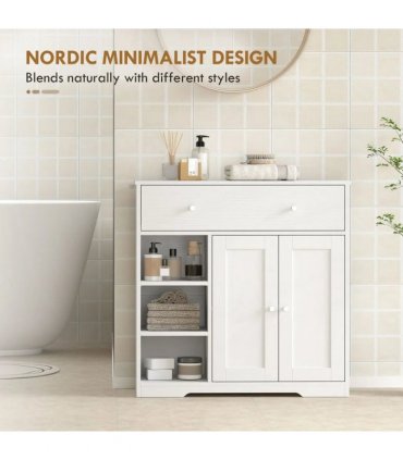 HOMCOM Bathroom Floor Cabinet, Freestanding Bathroom Cabinet with Drawer, Door, Open Shelves, White