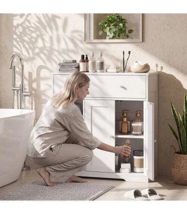 HOMCOM Bathroom Floor Cabinet, Freestanding Bathroom Cabinet with Drawer, Door, Open Shelves, White