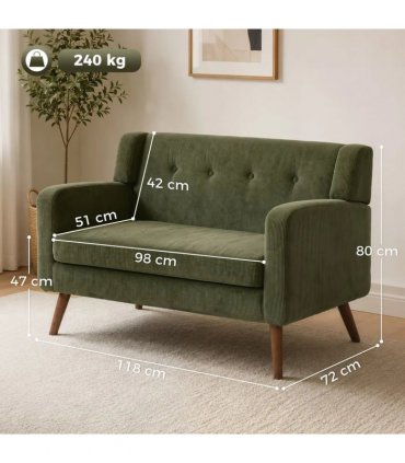 HOMCOM 2 Seater Sofa, 118 cm Corduroy Small Loveseat with Spring Cushion, Wood Legs for Small Space, Living Room, Dark Green