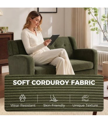 HOMCOM 2 Seater Sofa, 118 cm Corduroy Small Loveseat with Spring Cushion, Wood Legs for Small Space, Living Room, Dark Green